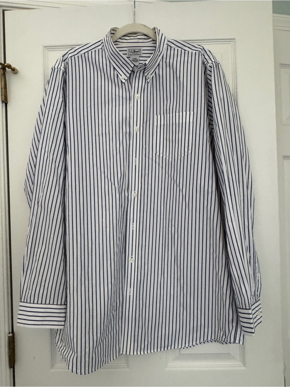 L.L. Bean White Button-Down Shirt with Navy Vertical Stripes
